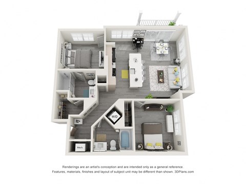 Floor plan for 2 beds, 2 baths, 1081 sqft